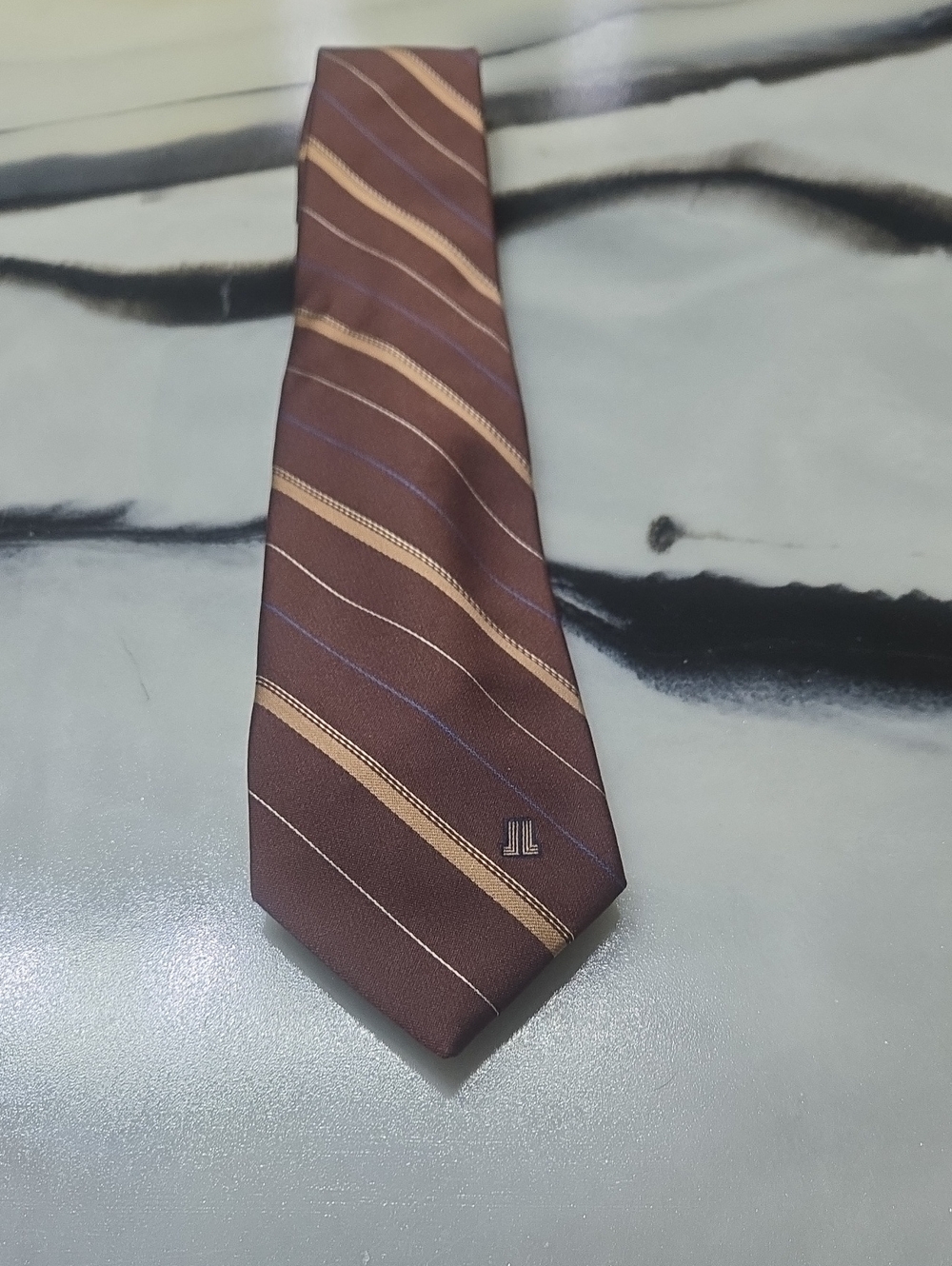 Lanvin Paris Brown Tie with Gold and Blue Diagonal Stripes